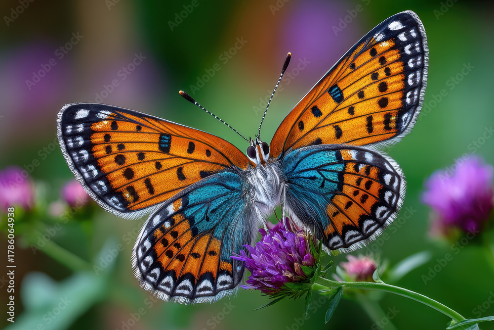 Fototapeta premium Butterfly with orange and blue wings on purple flower