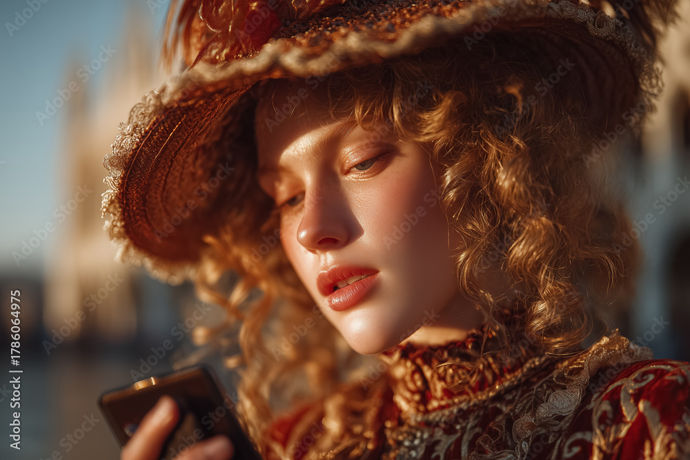 Fototapeta premium Young woman in vintage hat and dress using smartphone in warm evening light