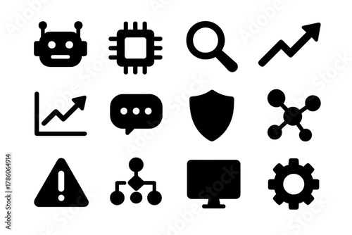 Algorithm Oversight Icons. Solid style icons of algorithmic oversight: robot, computer chip, magnifying glass, arrow, graph, chat
