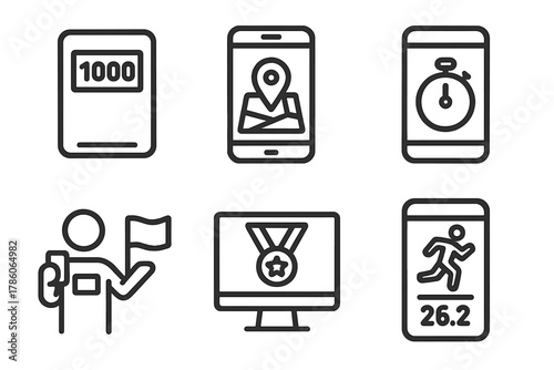 Virtual Marathon Icons. Line style icons of virtual ultra-marathons: online bib number, GPS phone tracker, app timer symbol,