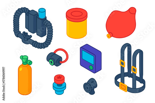 Diving Gear Icons. Isometric vector illustration set Underwater diving gear – rebreather loop, scrubber canister, mouthpiece;