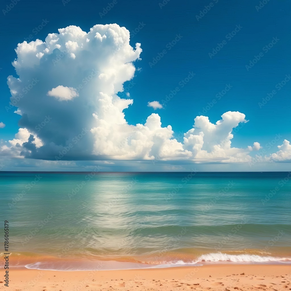 Fototapeta premium Bright blue summer sky with fluffy clouds over a tranquil sea and a sandy beach, representing a serene seaside panorama, beach, flat