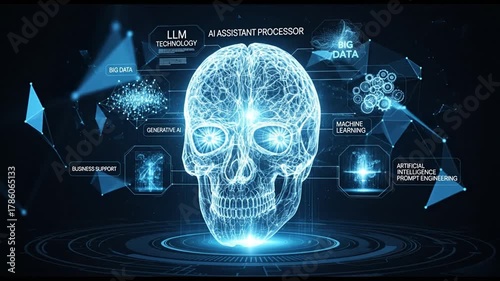 Digital skull graphic with interconnected data points representing artificial intelligence and machine learning concepts.