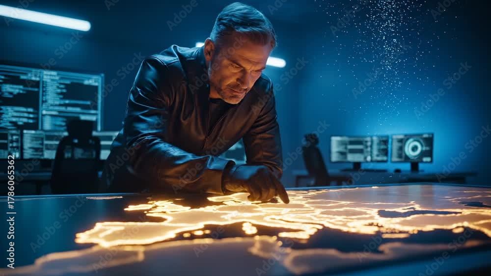 Commander studies illuminated map table. Man plots strategy and ...