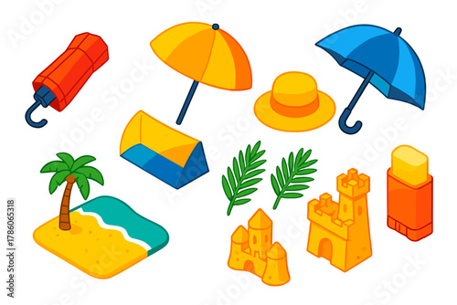 Colorful Travel Gear Icons. Isometric vector illustration set Travel gear – travel umbrella, foldable sunshade, sun hat; UV