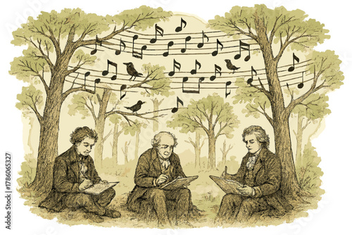 Musical Forest Fantasy. Musical score forest with notes as birds, staves as tree branches, and composers sketching in the woods No