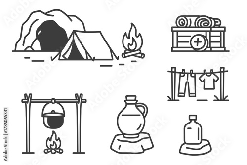 Cave Camp Essentials. Line style icons of cave camp setup: tent near cave, fire at safe distance, gear storage in crate, drying