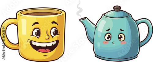 Cute cartoon coffee mug and teapot with expressive faces, happy and shy emotions, kitchenware illustration, kids design, vector art
