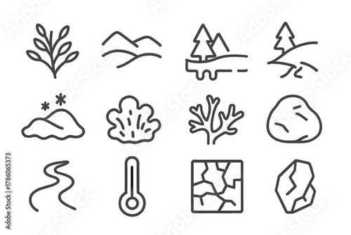 Tundra Climate Icons. Line style icons of Climate Impact on Tundra: Shrub Expansion, Tundra, Permafrost Melt, Landscape Shift;