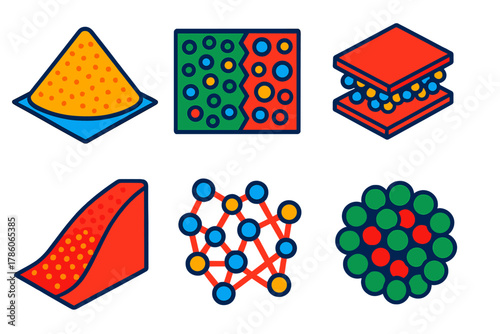 Physics of Granular Materials. Isometric vector illustration set Physics of granular materials: granular heaps, mixed particle