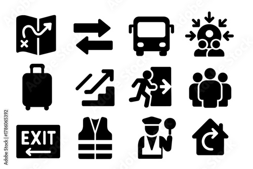 Evacuation Plan Icons. Solid style icons of evacuation planning: route map, directional arrows, bus transport, assembly point,