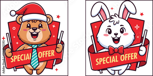Cute cartoon bear and rabbit holding special offer banner, holiday sale, Christmas discount, adorable animal mascot promotion illustration, vector design