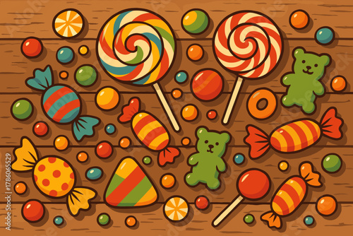 Vibrant Candy Spill. Assorted candies spilling across a rustic wooden surface, bright and colorful tones, playful vector