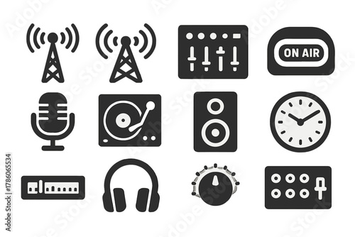 Broadcast Era Icons. Solid style icons of Broadcast Era: Radio Antenna, Transmission Tower, Control Board, On Air Light,