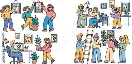 Creative team decorating modern workspace with framed art, indoor plants, teamwork, interior design, collaboration, digital drawing, home office