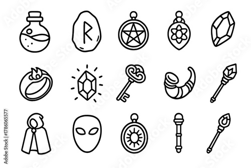 Enchanted Item Icons. Line style icons of enchanted items: potion bottle, rune stone, talisman, amulet; cursed ring, glowing gem,