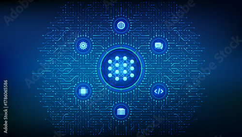 Neural network icon made with binary code. AI. Artificial Intelligence. Machine Learning. Big data analysis technology. Background with circuit board connections and tech icons. Vector Illustration.