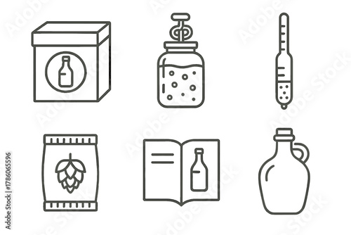 Home Brewing Kit Icons. Line style icons of home brewing kits: DIY brew kit box, fermentation jar, hydrometer tool, flavoring pack