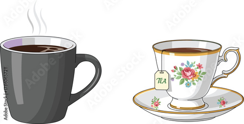 Coffee mug, tea cup, hot beverages, steam rising, morning drink, ceramic mug, porcelain teacup, beverage contrast, elegant setup, cozy moment