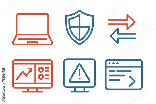 Cybersecurity Training Icons. Line style icons of red team vs blue team training: red team laptop icon, blue team shield symbol,