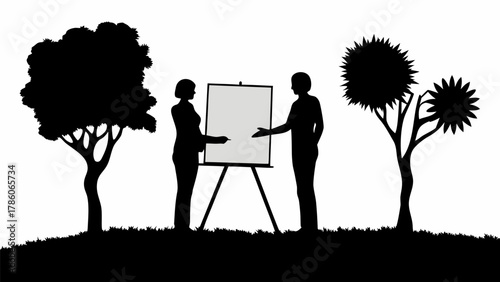 Two people standing by an easel in a field with trees in silhouette against a white background