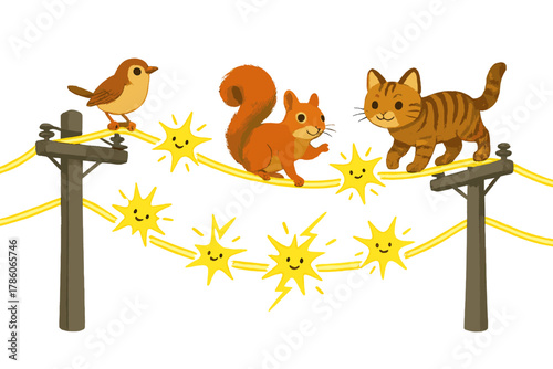 Energetic Animals Parade. Grid balancing act with smiling wires, playful electricity sparks, and animals walking along glowing
