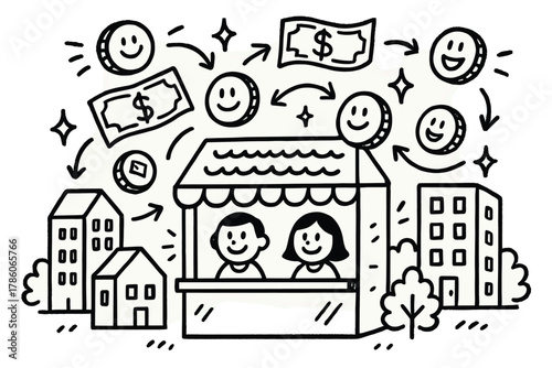 Doodle Remittance Hub. Playful doodle community remittance hub with smiling clerks, cartoon coins and bills bouncing, cheerful