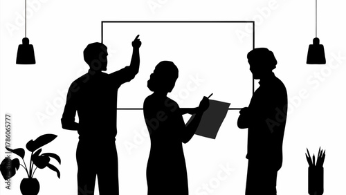 Silhouette of three people in a meeting with a whiteboard plant and hanging lights in a room setting