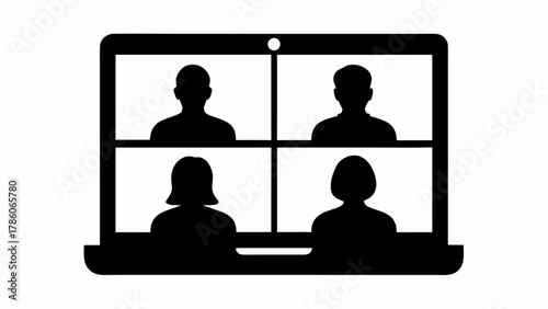 Laptop screen showing four people in a video conference call in black and white silhouette style image