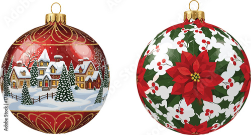 Christmas ornaments, winter village scene, poinsettia decoration, festive holiday decor, snowflakes, holly berries, traditional Christmas, seasonal celebration, cozy atmosphere, elegant design