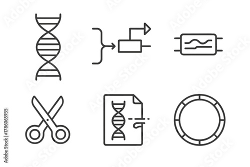 Synthetic Biology Icons. Line style icons of synthetic biology fundamentals: DNA double helix, genetic circuit diagram, synthetic