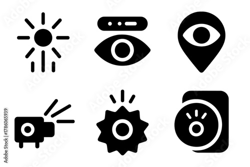 Visual Dream Icons. Solid style icons of visual dream cues: flashing light symbol, dream signal LED, visual marker eye. Cue