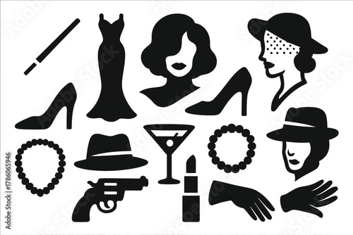 Noir Femme Icons. Solid style icons of Noir Femme Fatale: Cigarette Holder, Evening Gown, Shadow, Intrigue, High Heel, Fedora Hat,