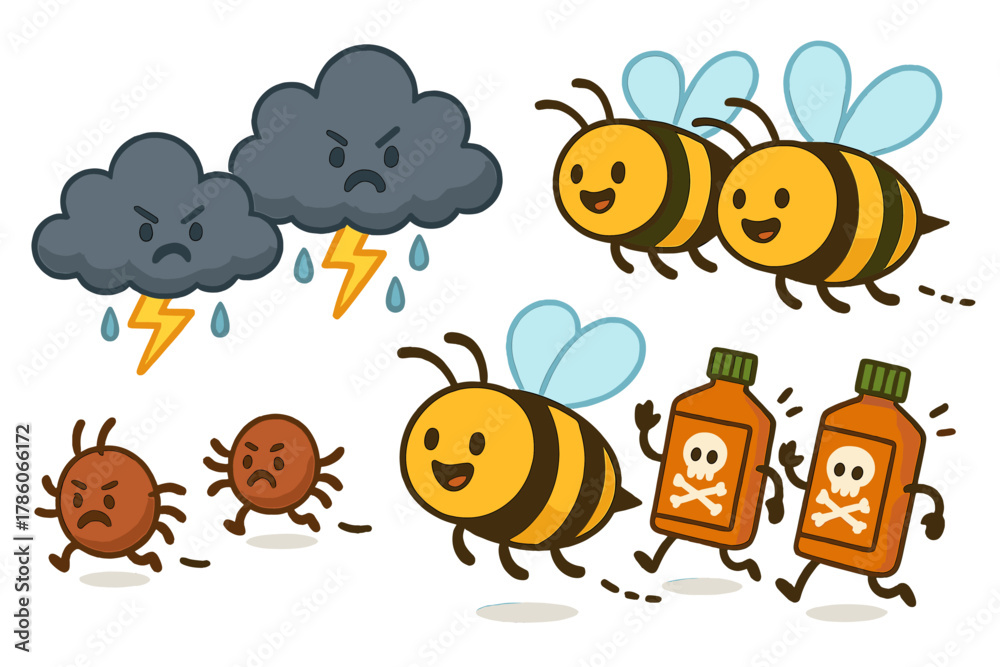 Fototapeta premium Bees Overcoming Threats. Threats to bees illustrated as playful cartoon mites, storm clouds, and pesticide bottles being chased