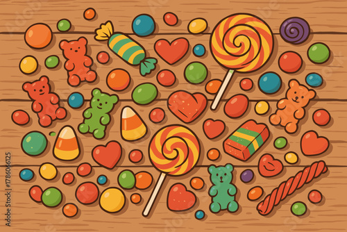 Vibrant Candy Spill. Assorted candies spilling across a rustic wooden surface, bright and colorful tones, playful vector