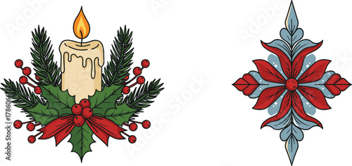 Christmas candle decoration with holly leaves, berries, pine branches, and floral ornament, festive holiday design, winter celebration, vintage illustration