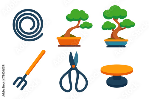 Bonsai Styling Icons. Isometric vector illustration set Bonsai Styling: coiled training wire, tilted trunk tree, styled canopy,