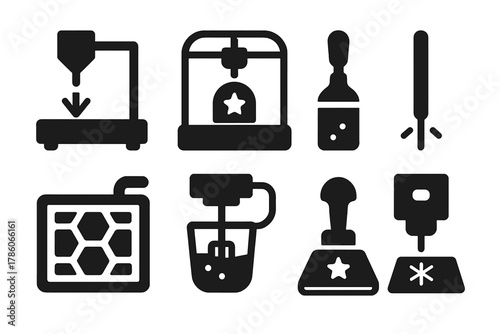 Edible Hologram Tools Icons. Solid style icons of lab and kitchen tools for edible holograms: precision beam cutter,