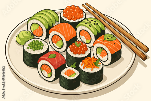 Gourmet Sushi Platter. Gourmet platter of freshly made sushi rolls vector illustration with vibrant toppings, chopsticks resting