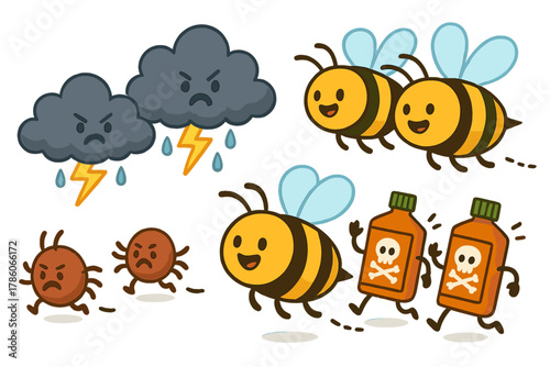 Bees Overcoming Threats. Threats to bees illustrated as playful cartoon mites, storm clouds, and pesticide bottles being chased