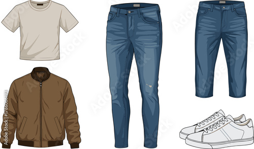 Casual outfit, denim jeans, capri pants, bomber jacket, white sneakers, fashion flatlay, modern clothing, streetwear style, apparel collection, wardrobe essentials, trendy garments