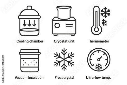 Cryogenics Icon Set. Line style icons of Cryogenics Principles: cooling chamber, cryostat unit, thermometer with frost, vacuum