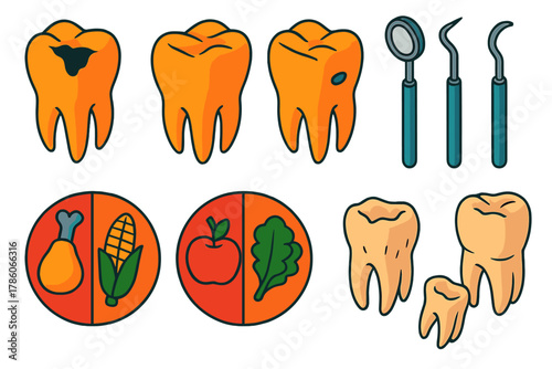 Prehistoric Dental Health Insights. Isometric vector illustration set Paleopathology of dental health: cavities in prehistoric