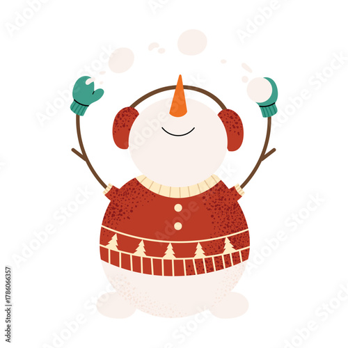 Playful snowman in red sweater and earmuffs playing with snowballs. Cute Christmas and winter character for festive decoration.