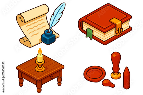 Classic Literature Icons. Isometric vector illustration set Classic literature – quill pen, parchment scroll, inkwell;