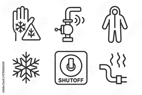 Cryogenic Safety Icons. Line style icons of Cryogenic Hazards and Safety: frostbite warning, pressure relief valve, cryo suit, ice