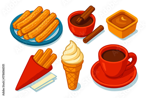 Colorful Dessert Icons. Isometric vector illustration set Ice cream and desserts – churros plate, sugar dusted, chocolate dipping;