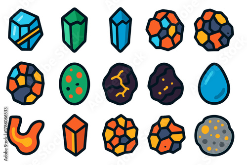 Crater Mineral Icons. Flat vector icons of crater minerals and rocks: shocked quartz, coesite, stishovite, breccia, suevite,