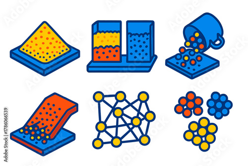 Physics of Granular Materials. Isometric vector illustration set Physics of granular materials: granular heaps, mixed particle