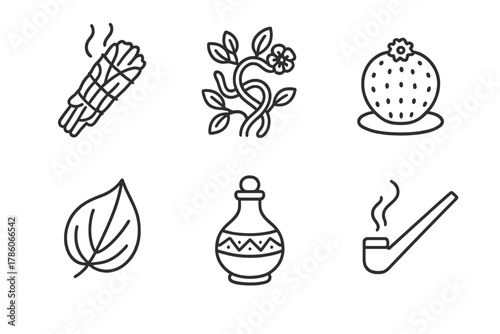 Sacred Plant Icons. Line style icons of sacred and ritual plants: sage bundle, ayahuasca vine, peyote cactus, betel leaf,